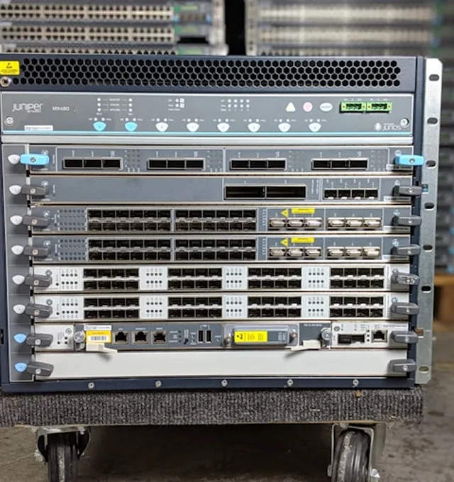 A rack-mounted modular network switch chassis with fibre and copper line cards